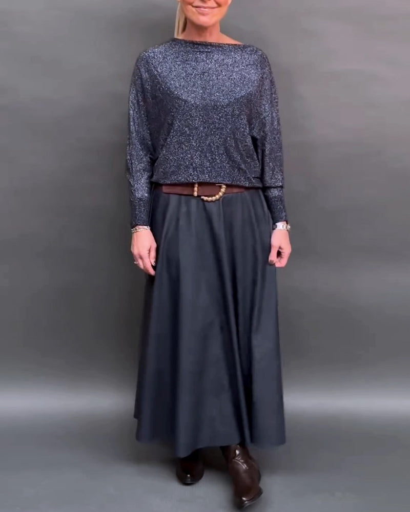 Shiny crew neck dolman sleeve top