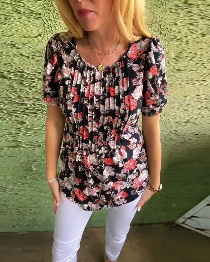 Round Neck Puff Sleeve Pleated Floral Blouse