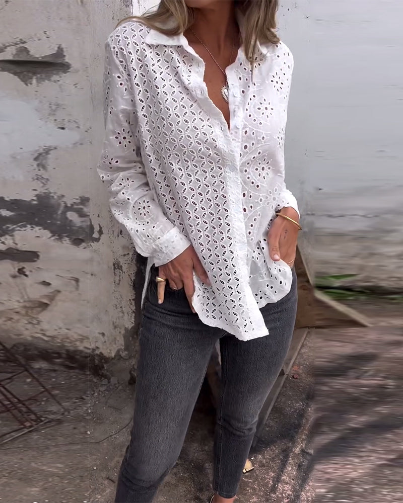 Long-Sleeved Lapel Cutout Shirt