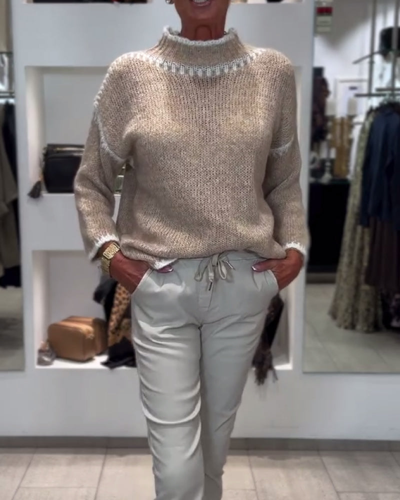 High-Neck Contrasting Color Versatile Pullover