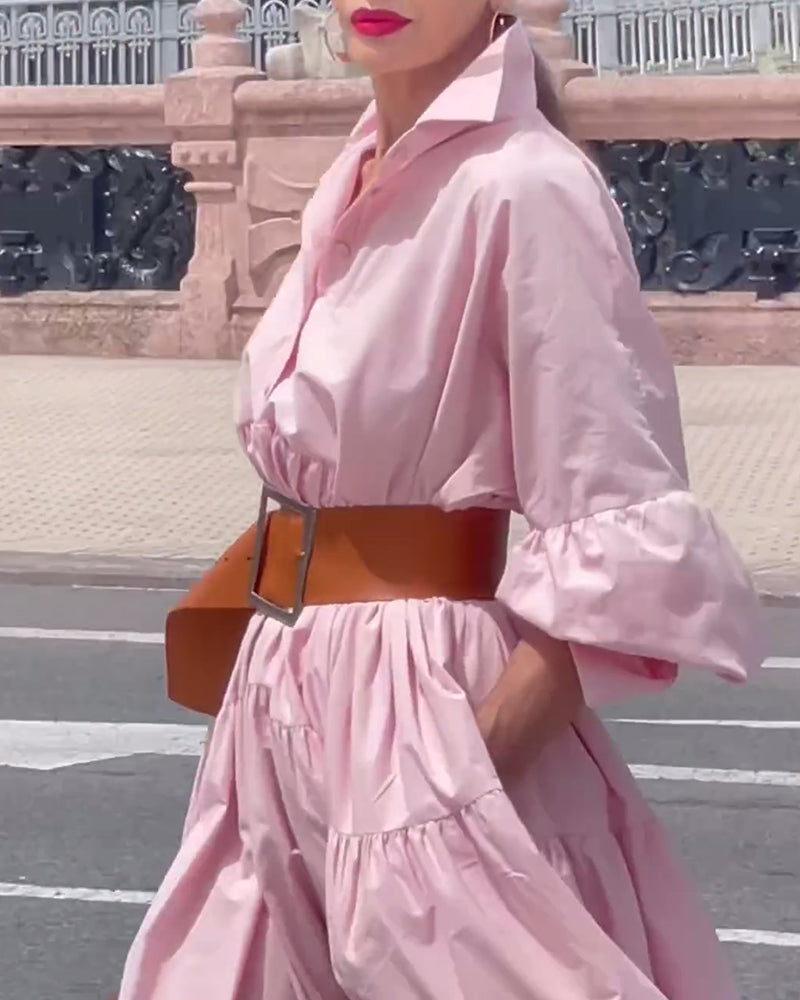 Solid color lapel wide swing dress