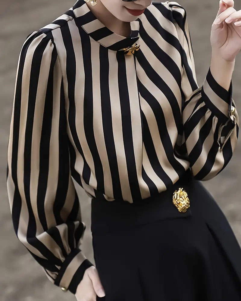 Drape Stand Collar Striped Blouse
