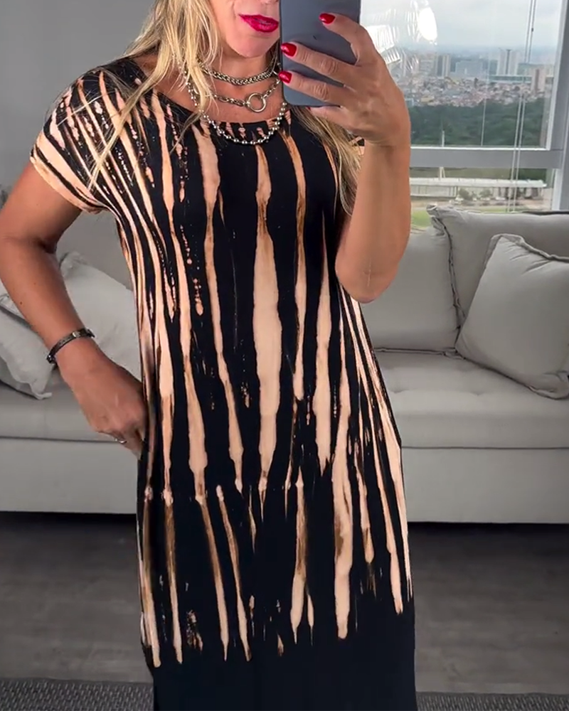 Casual Short-Sleeved Slit Round Neck Printed Dress