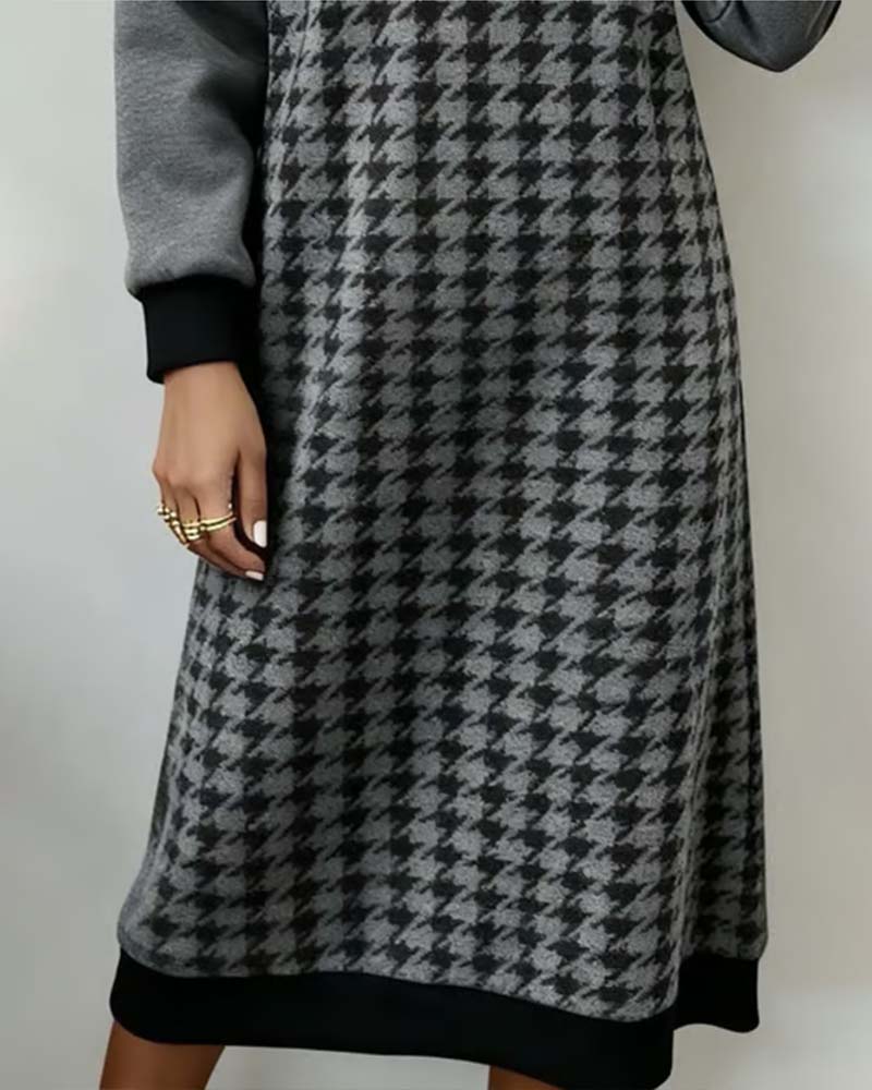Round Neck Houndstooth Color-Block Dress