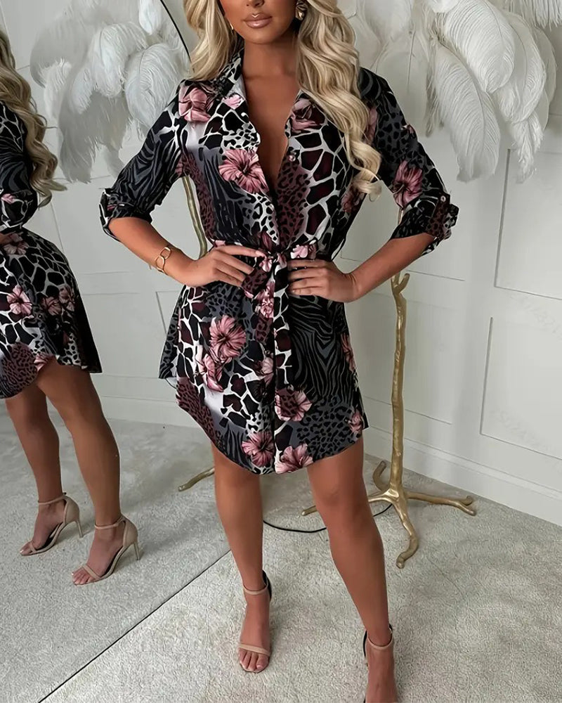 Leopard Floral Printed Shirt Dress