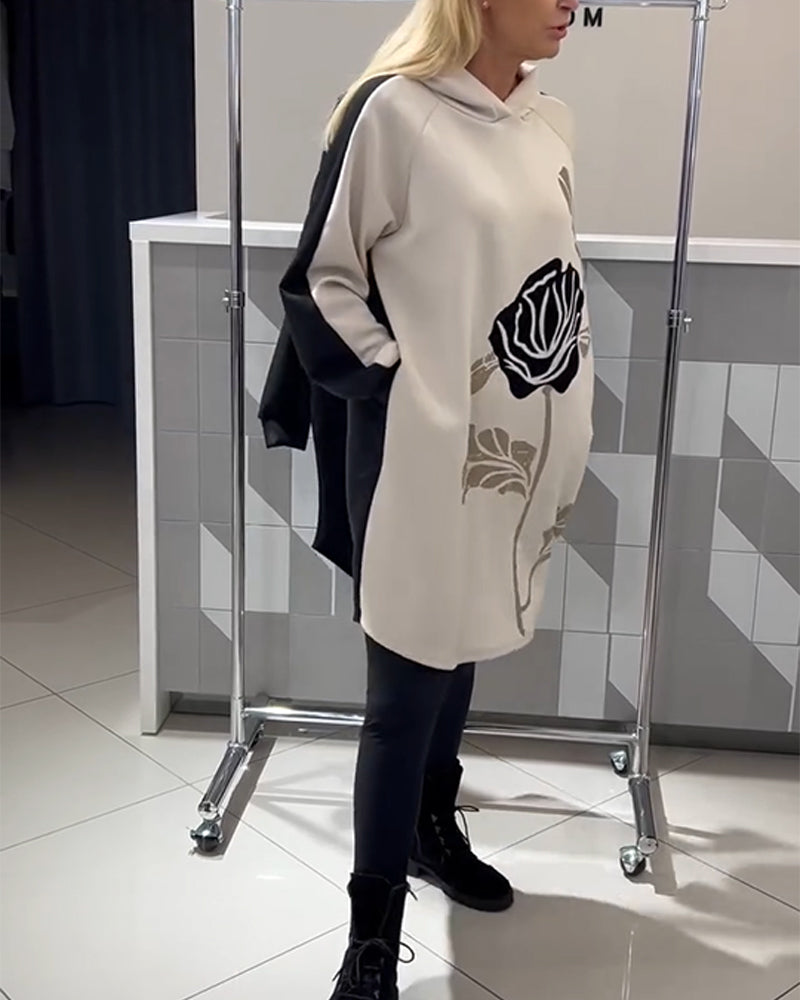 Hooded Color-Block Floral Print Dress