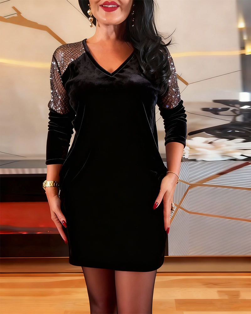 Fashionable Velvet Patchwork Long-Sleeved Dress