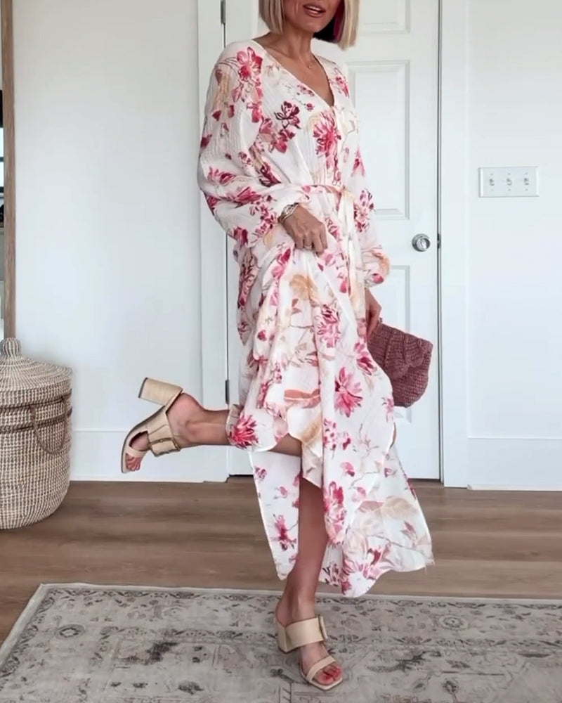 Elegant floral print bell sleeve lace-up dress