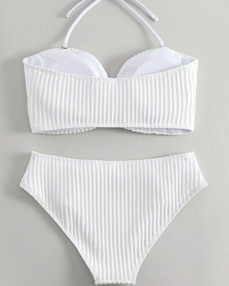 Halter Solid Color Striped Swimsuit