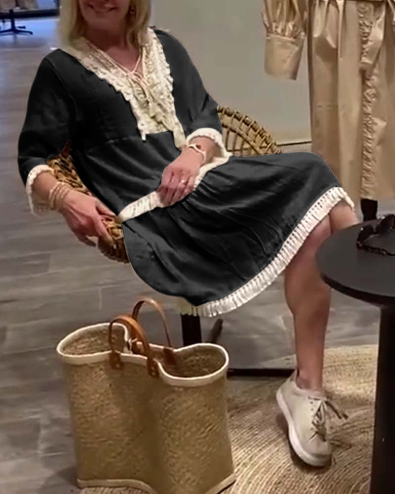 Lace V-neck fringe casual dress