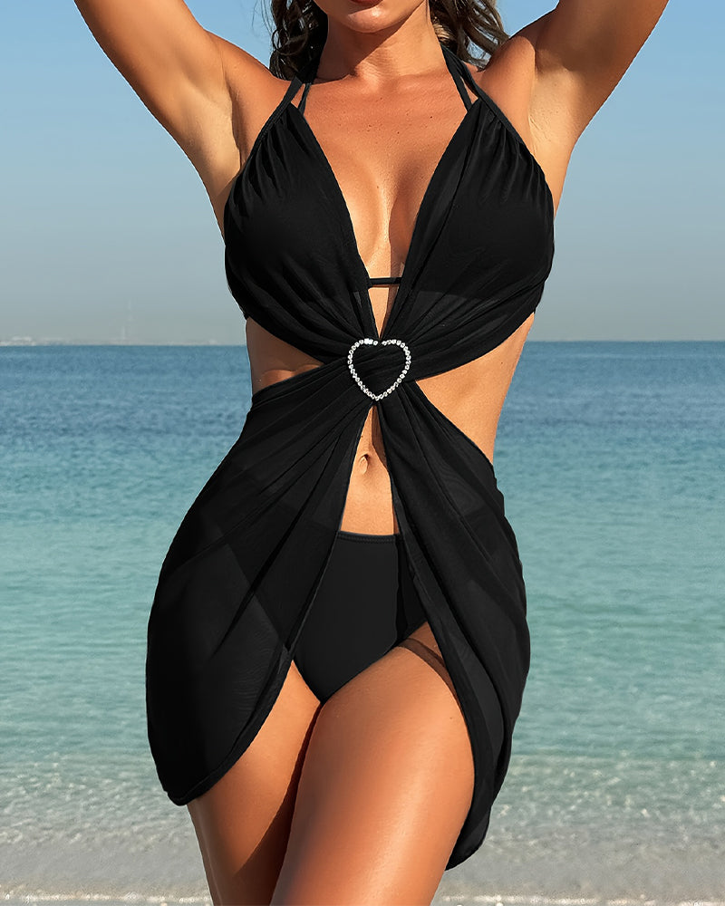 Romantic Heart Chiffon Cover-Up Swimsuit Three-Piece Set
