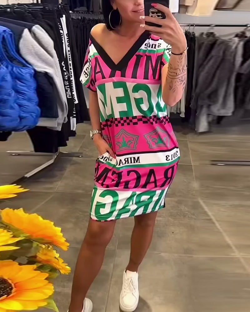Printed V-Neck Short-Sleeved Dress