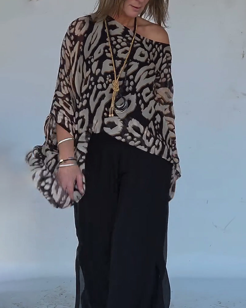 Irregular Bat Print Long-Sleeved Blouse