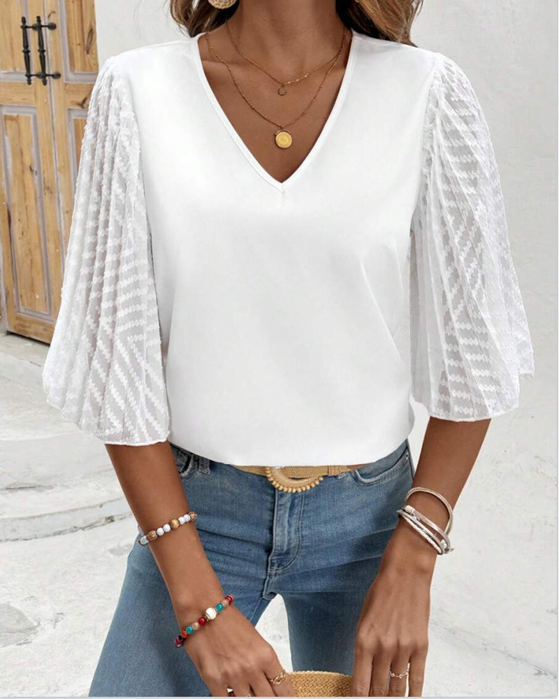 Solid Color V-Neck Loose Blouse