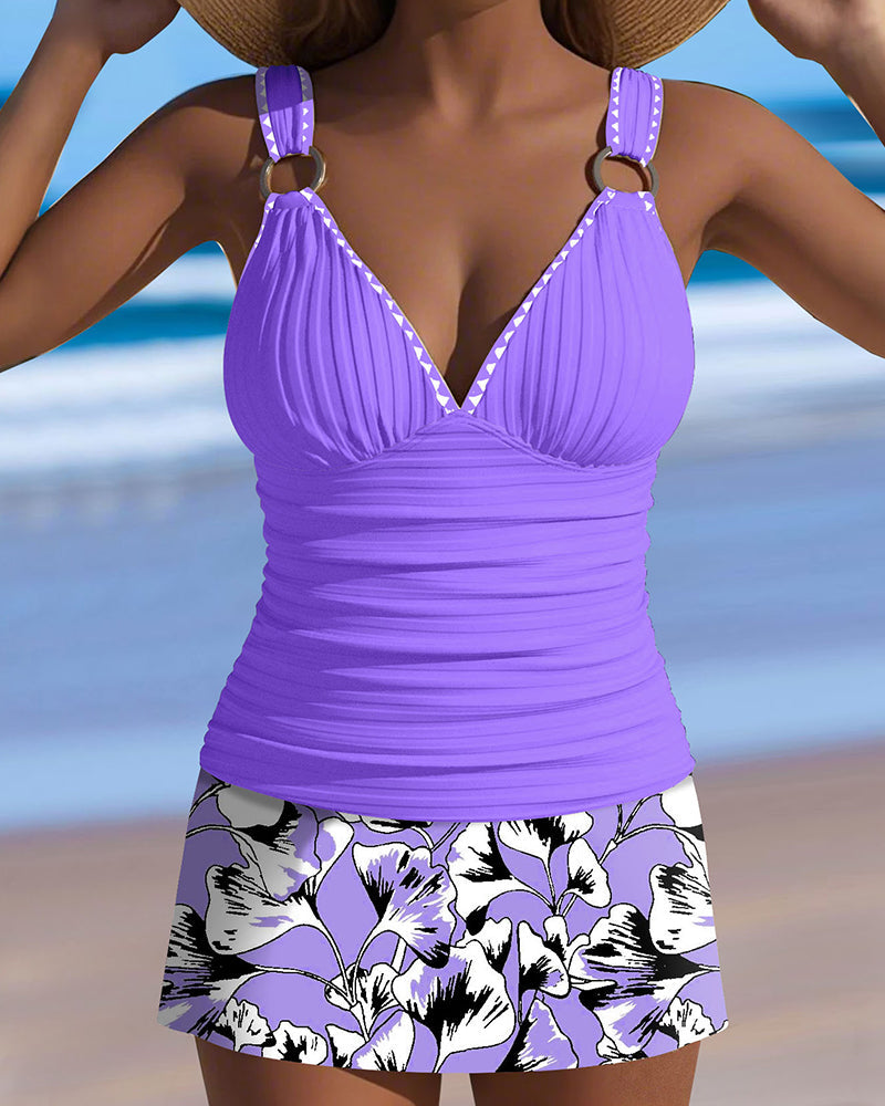 Stripe Print Skirt Swimsuit