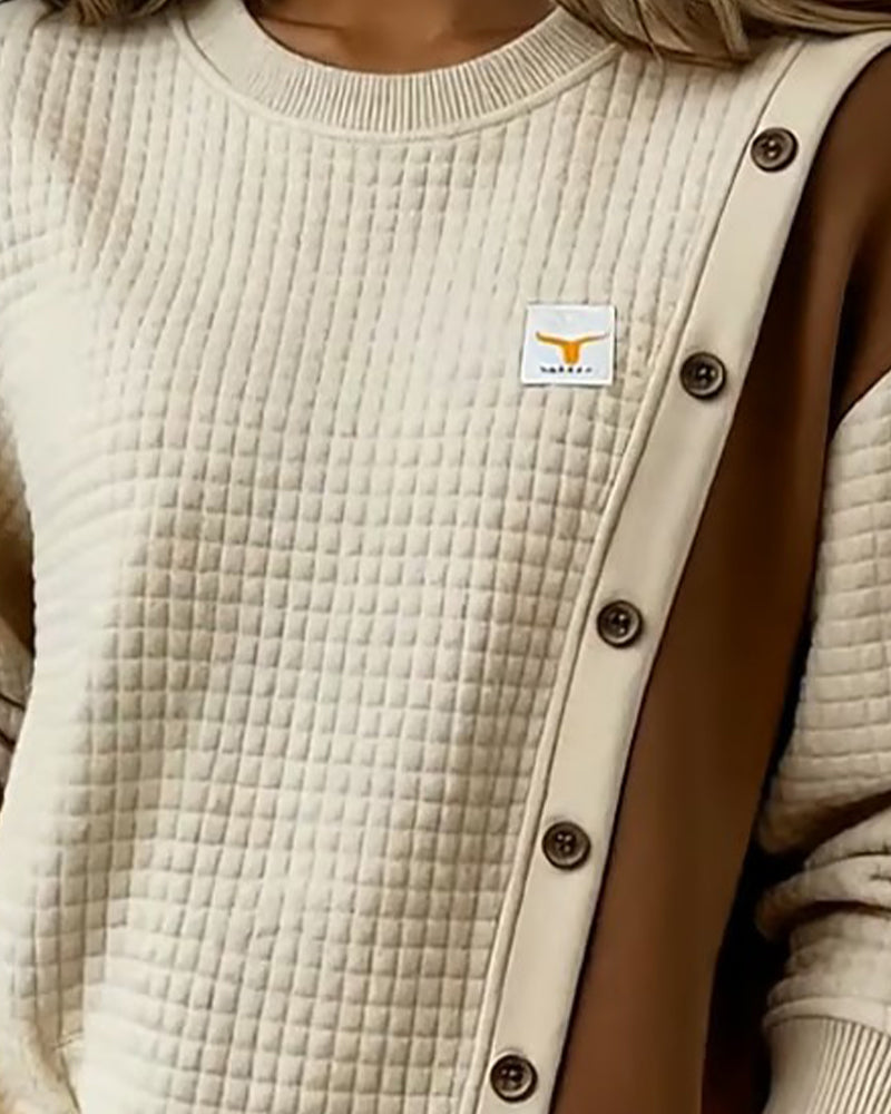 Long-Sleeved Waffle Color-Blocked Sweatshirt