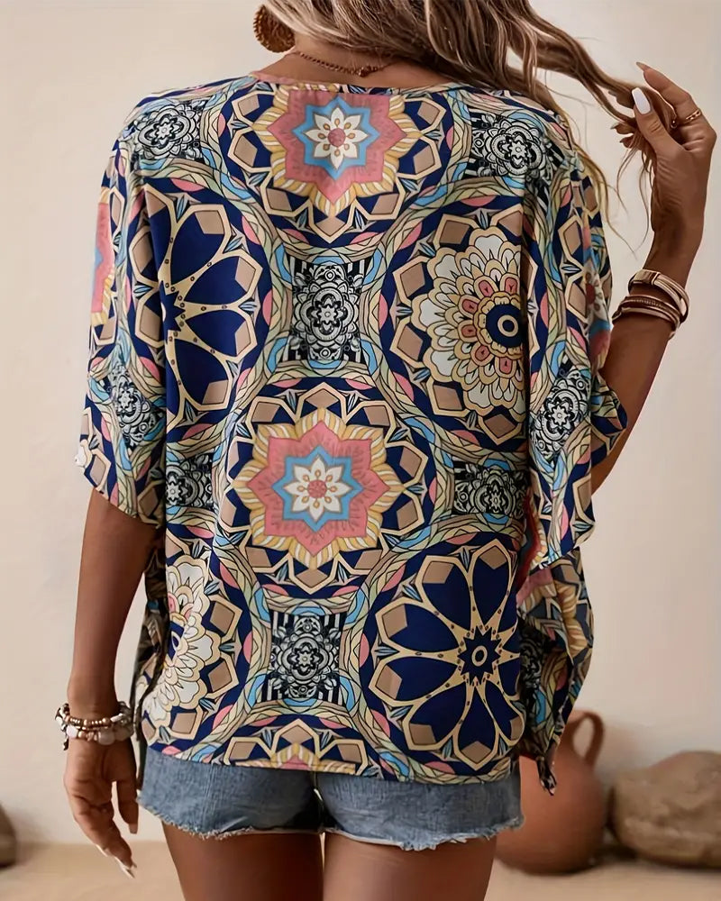 Retro printed V-neck button half sleeve blouse
