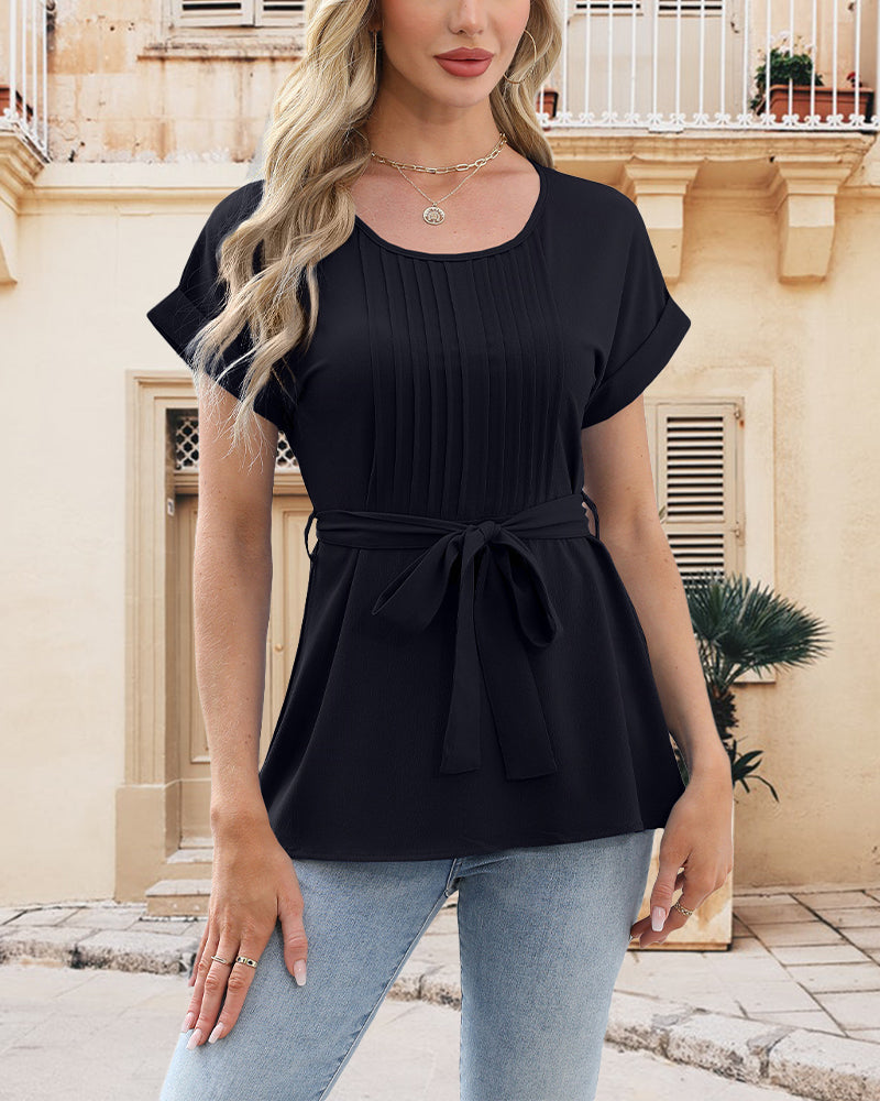 Pleated Crew Neck Solid Color Tie Blouse