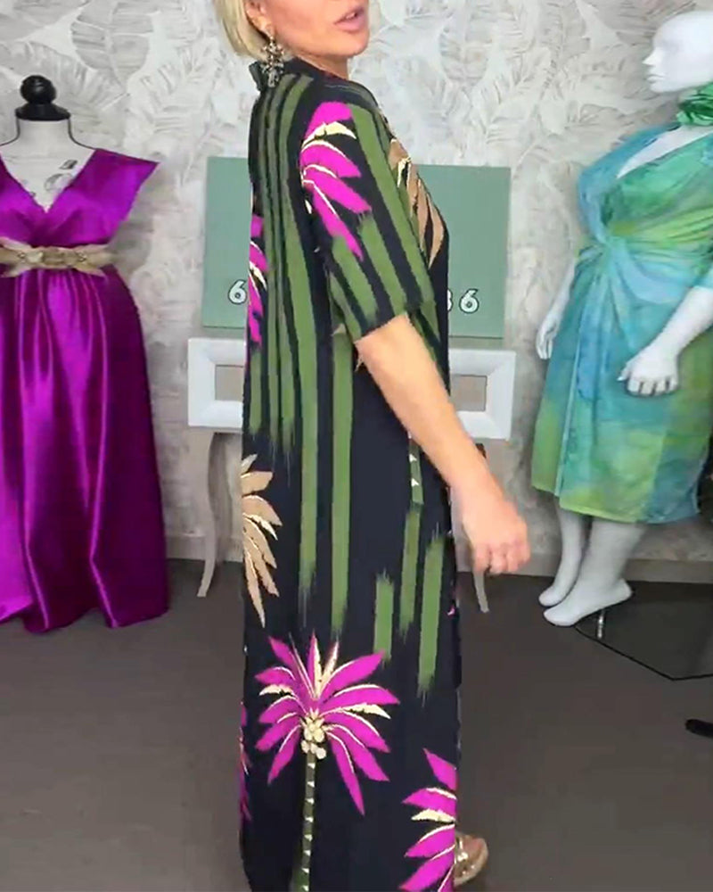 Casual leaf print slit short sleeve loose dress