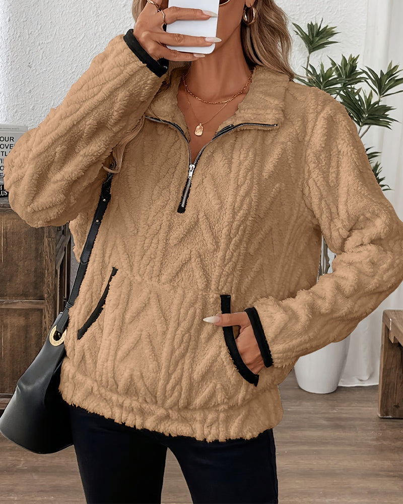 Lapel Zipper Front Fuzzy Sweatshirt