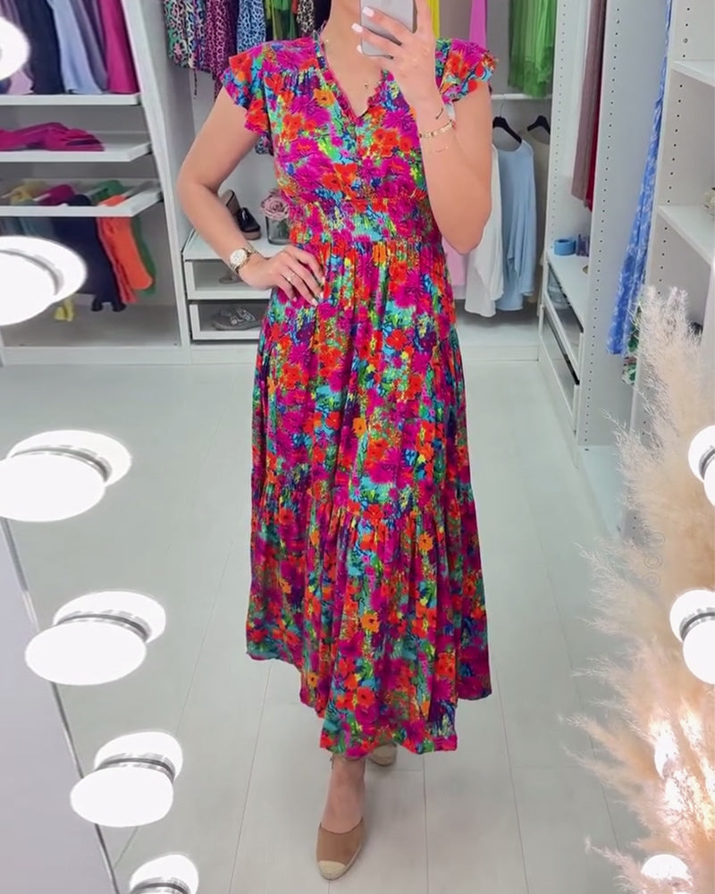 Colorful floral print V-neck elegant dress