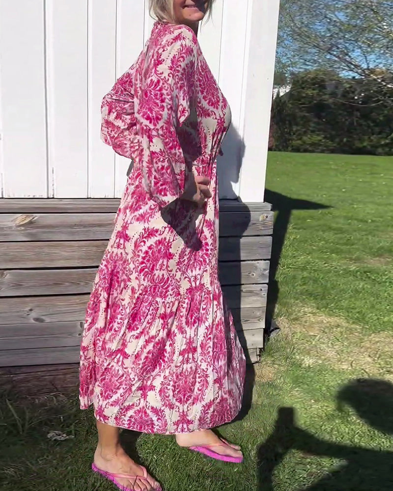 Printed bell sleeve drawstring dress