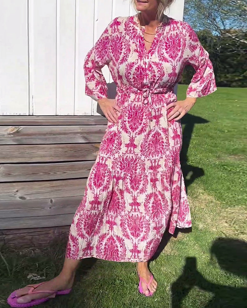 Printed bell sleeve drawstring dress