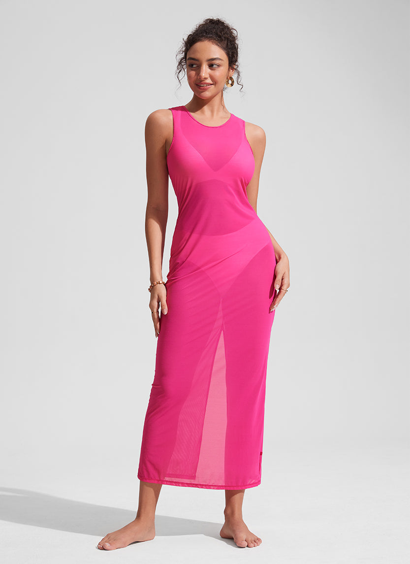 Mesh Midi Sleeveless Swimsuit Coverup with Back Slit