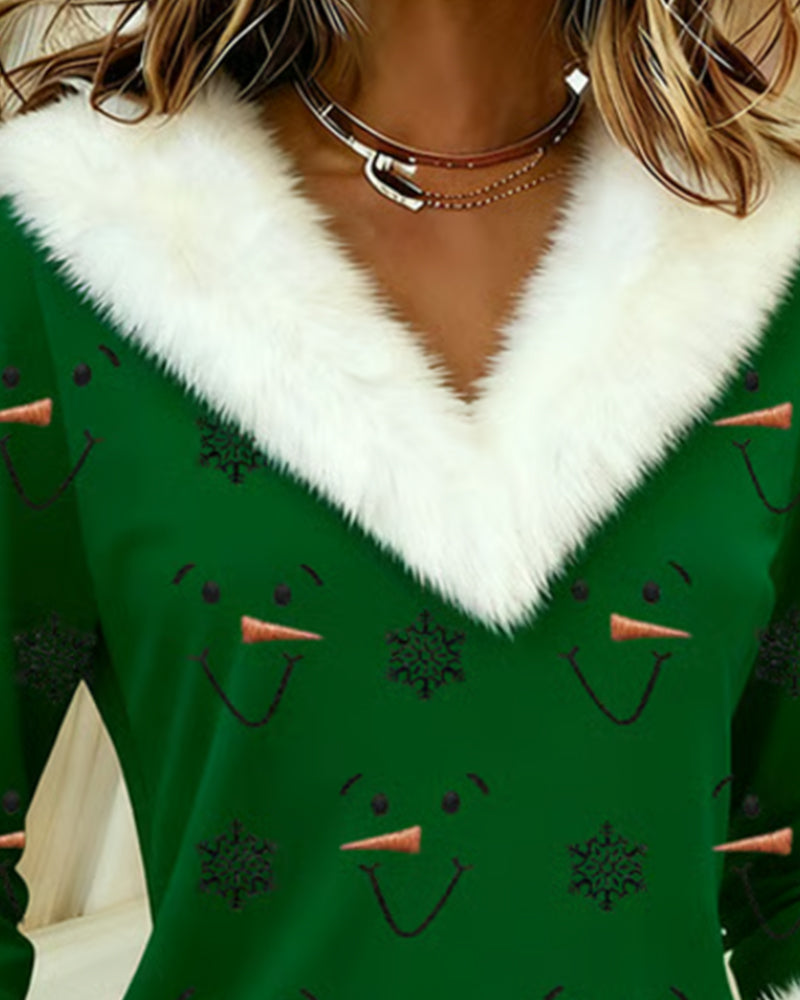Fashionable Printed Fur Collar Top