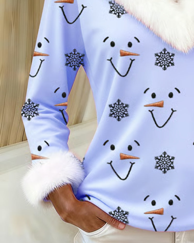 Fashionable Printed Fur Collar Top