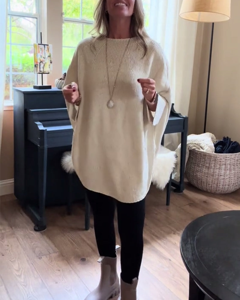 Fashion solid color bat sleeve round neck pullover