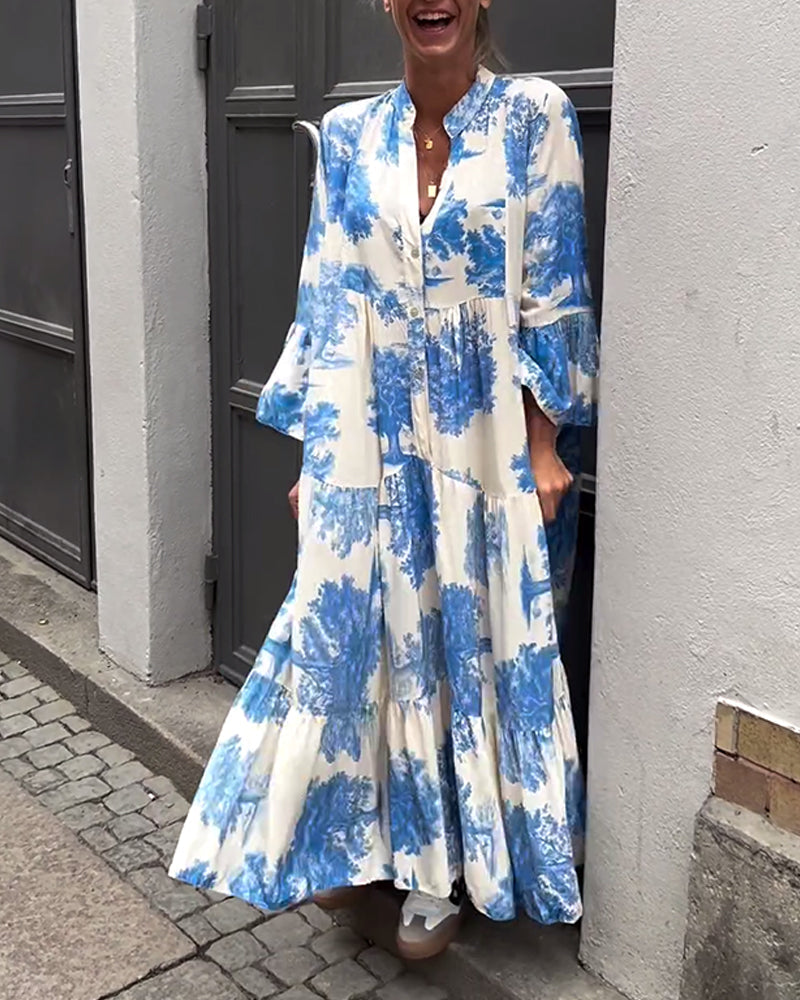 Loose printed V-neck bell sleeve patchwork dress