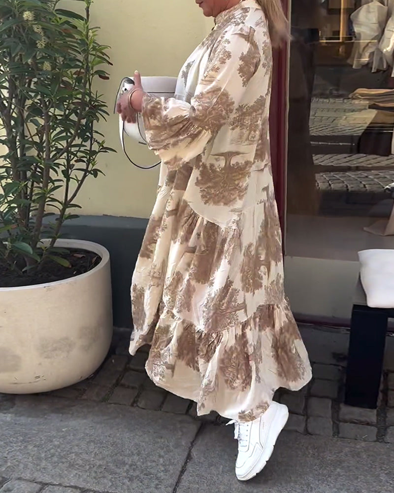 Loose printed V-neck bell sleeve patchwork dress