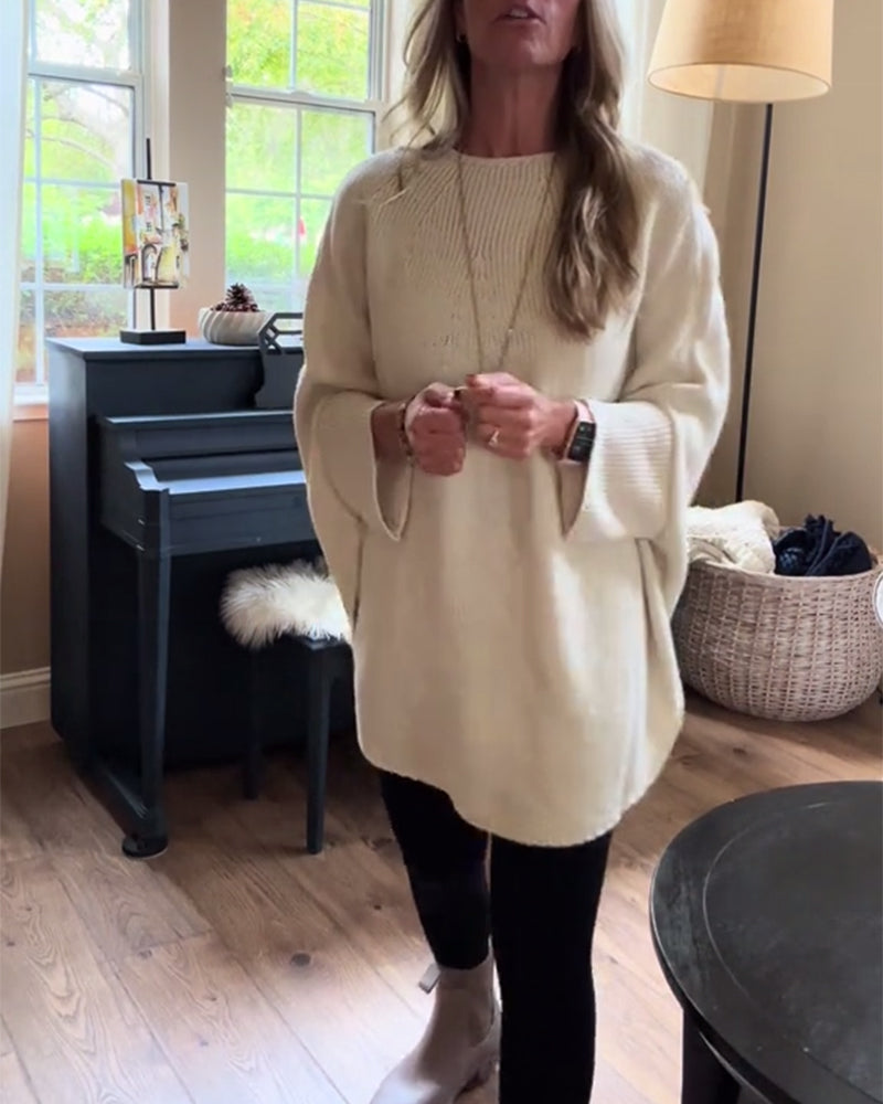 Fashion solid color bat sleeve round neck pullover