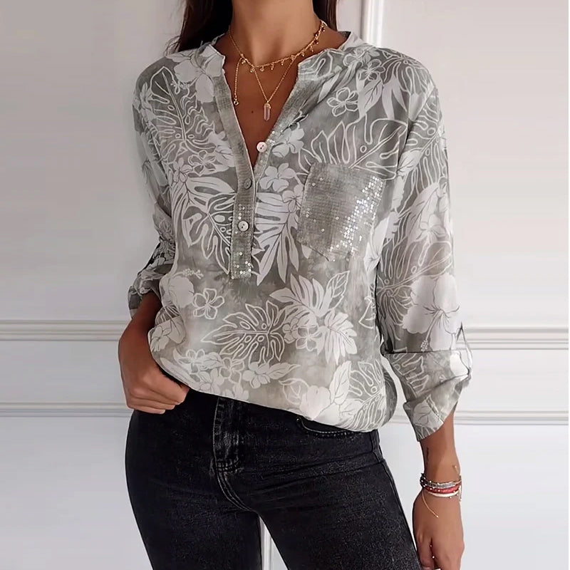 Patchwork sequined leaf print top