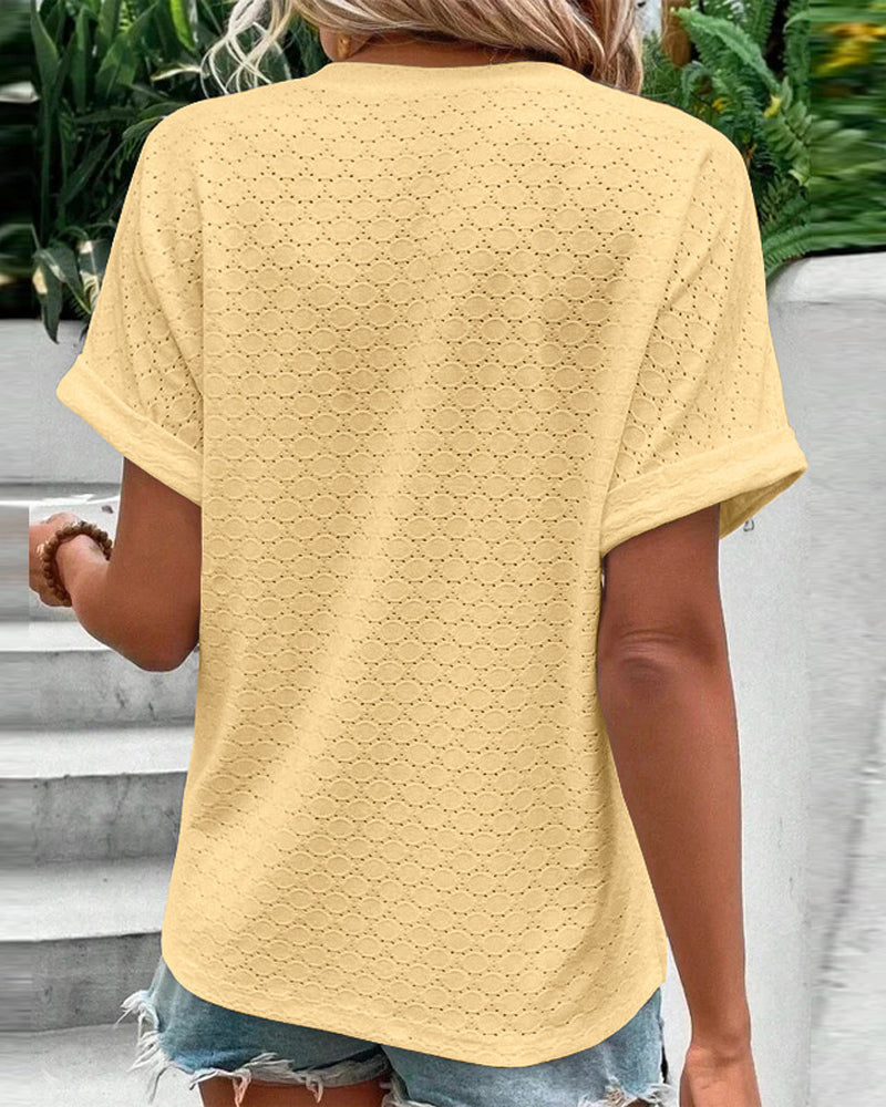 Casual solid color button v-neck blouse