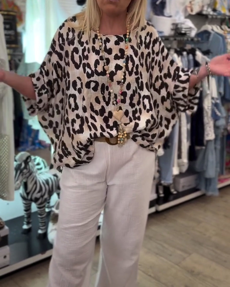 Round Neck Leopard Print Loose Blouse