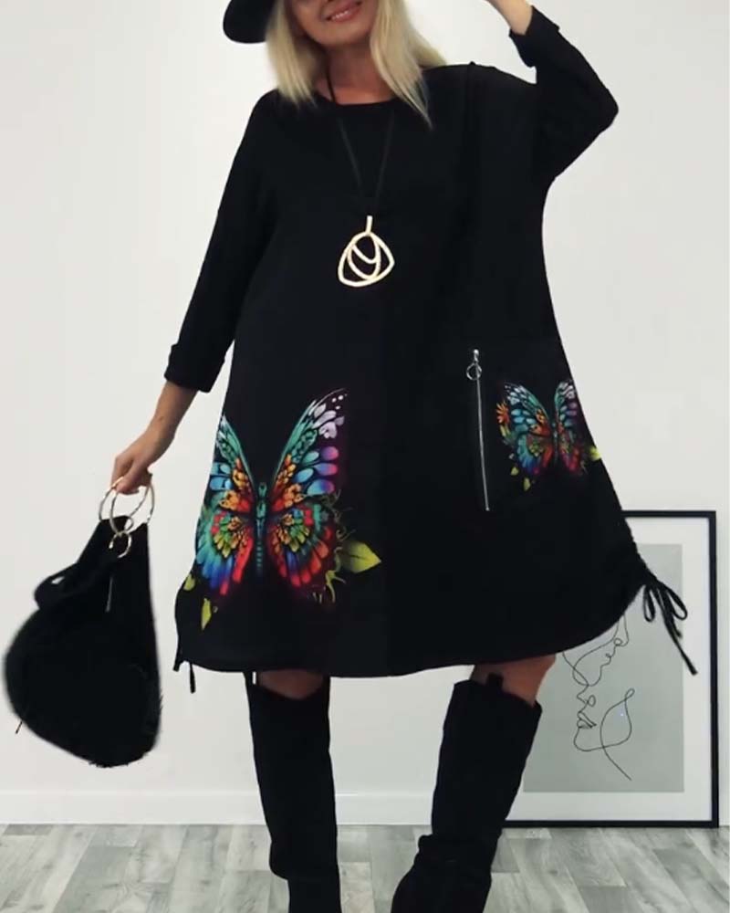 Butterfly print pocket long sleeve dress