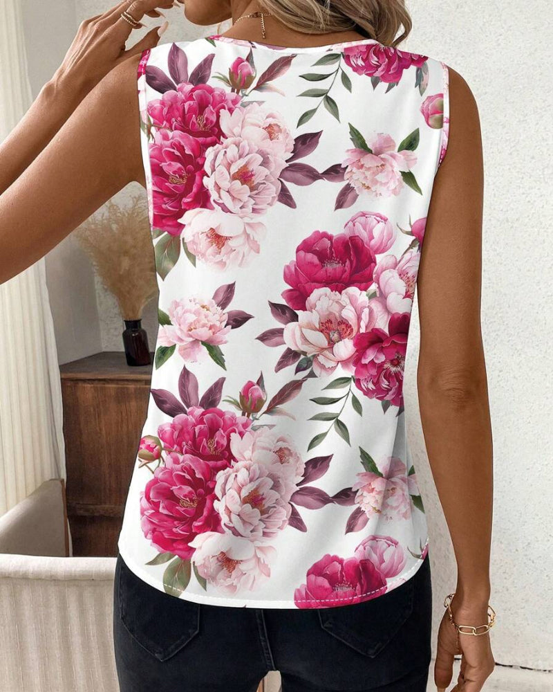 Rose Printed V-Neck Sleeveless Blouse