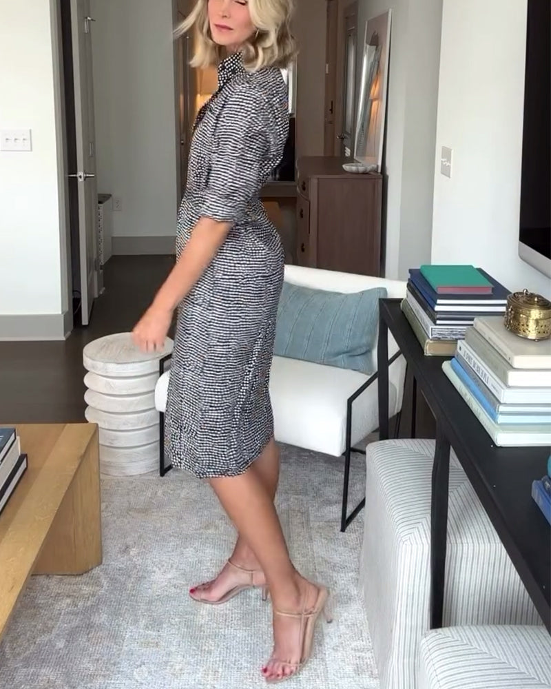 Print lapel button dress