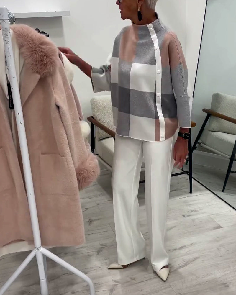 Plaid Long-Sleeved Turtleneck Jumper