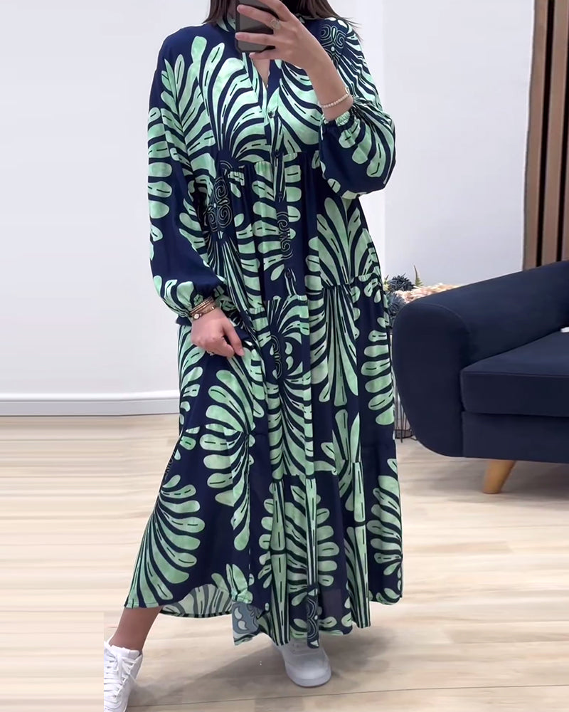 Stand collar long sleeve patchwork printed long dress