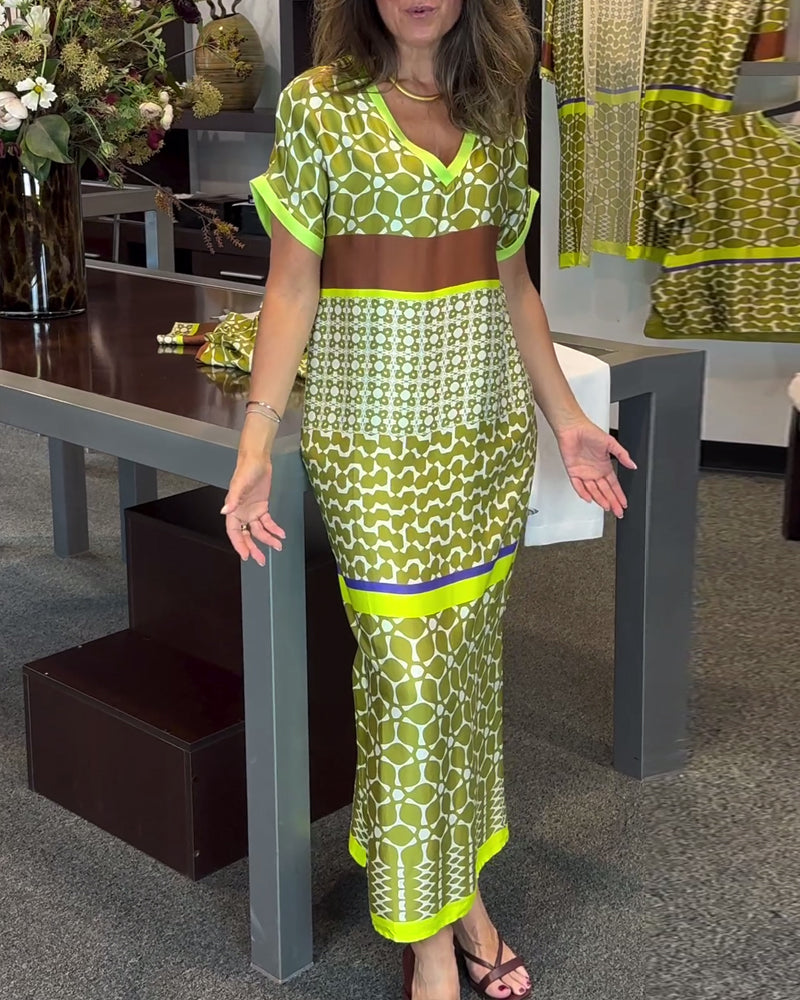 Short-sleeve V-neck contrast printed long dress
