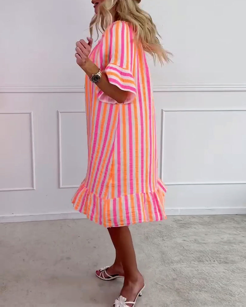 Round Neck Striped Pleated Shift Dress