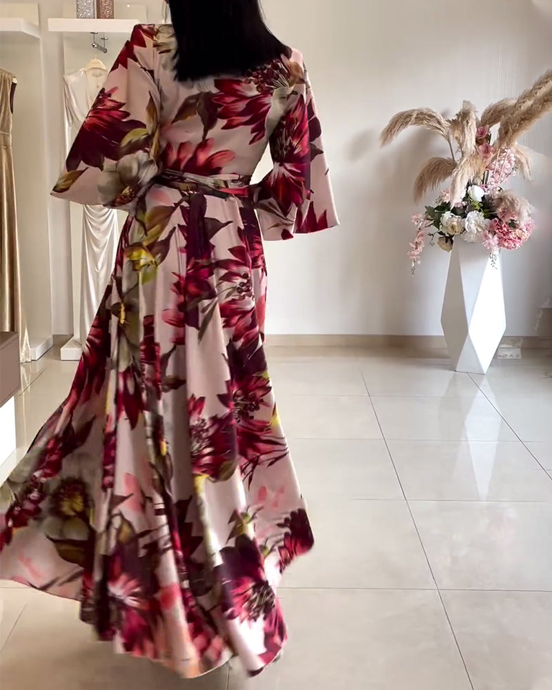 Floral print lapel three-quarter sleeve lace-up dress