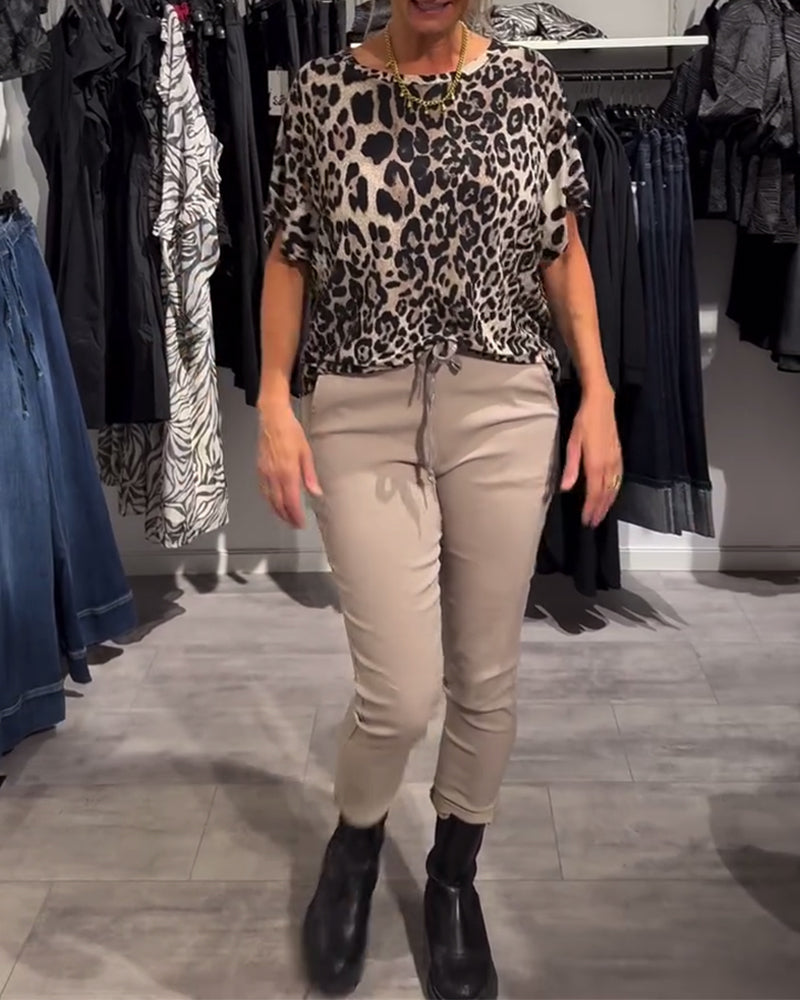 Round Neck Leopard Print Short-Sleeved Blouse