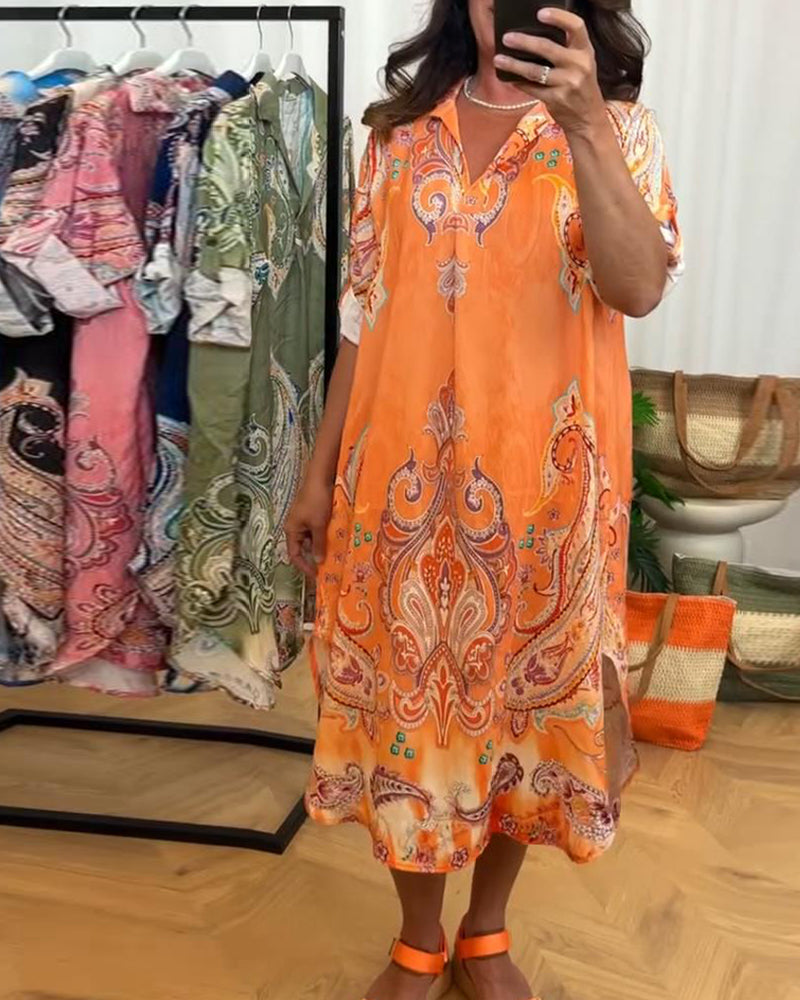 Retro Lapel Print Dress