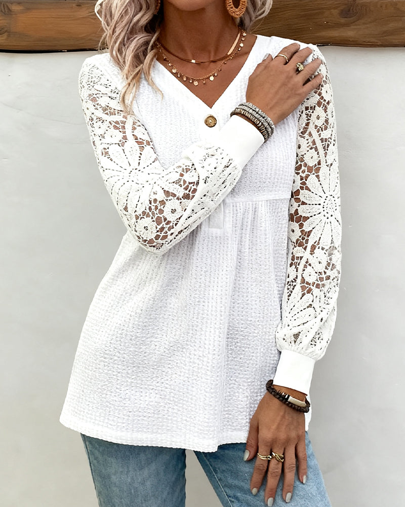Lace Long-Sleeve V-Neck Blouse