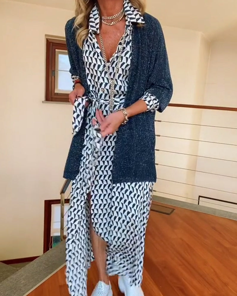 Geometric print lapel slit dress