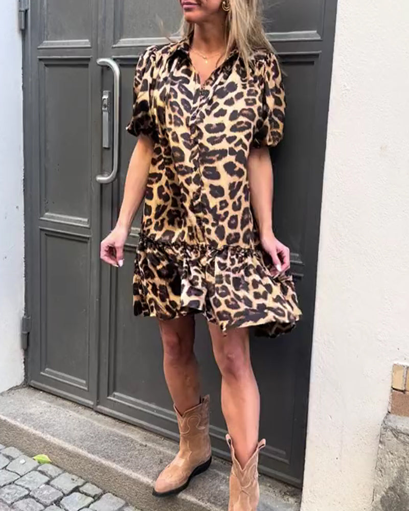 Puff-Sleeved Leopard Print Dress